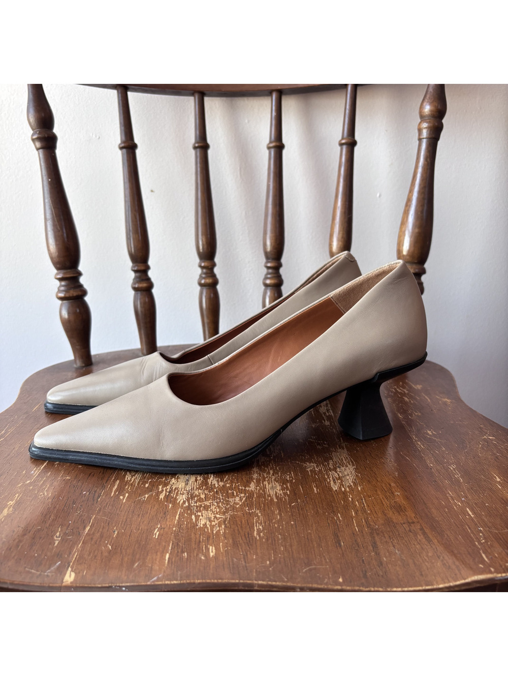 Vagabond Taupe Leather Pointed Toe Pumps with Unique Block Heels